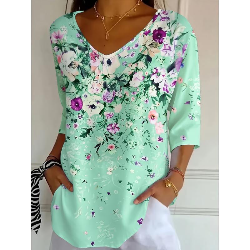 Casual Fashion Holiday Women's Regular Fit Floral All-over Print Three-quarter Sleeve V-Neck T-Shirt Top