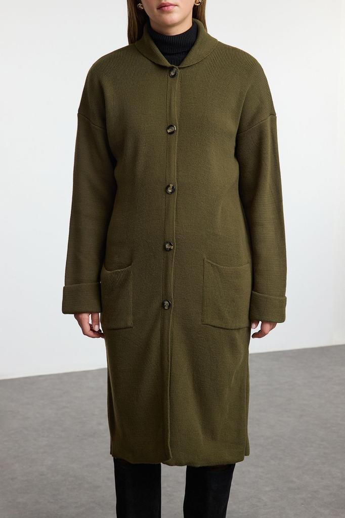 Women's Fashionable Stylish Cardigan Khaki Wide Fit Maxi Length Coat Look Wide Fit Knitwear Cardigan