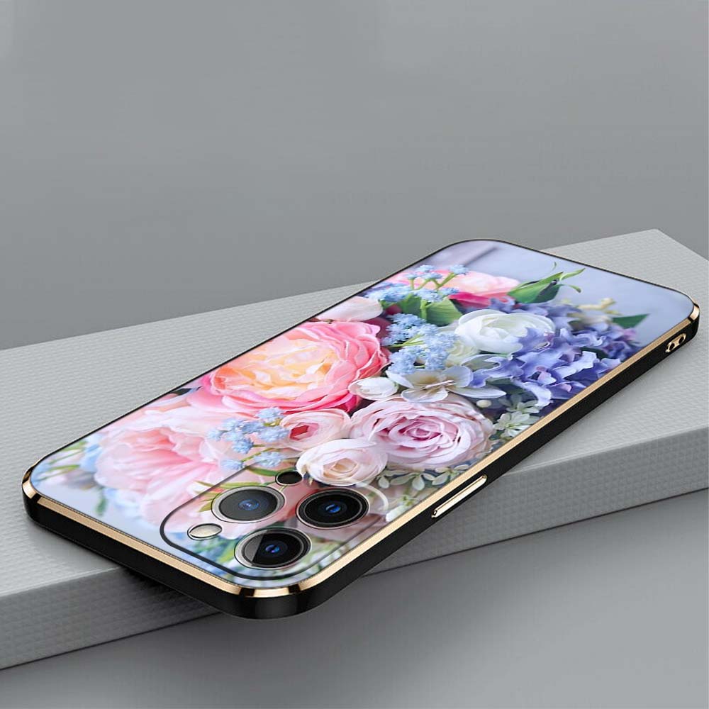 N48 Цветочный пион Ваза с золотым покрытием края Мягкий чехол для телефона из ТПУ для Samsung S23 S24 S22 Ultra A14 A34 A54 A22 Huawei P40 Honor 90 Противоударная задняя крышка