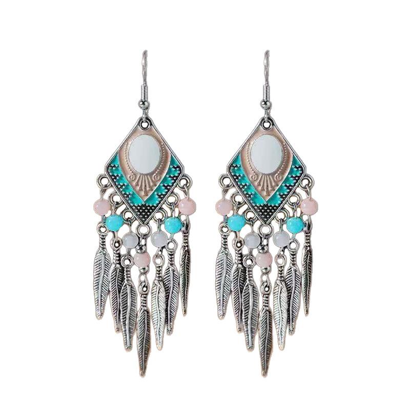Vintage Ethnic Crystal Drop Oil Dangle Earring for Women Rhombus Leaf Tassel Earrings Vacation Style Jewelry Accessories