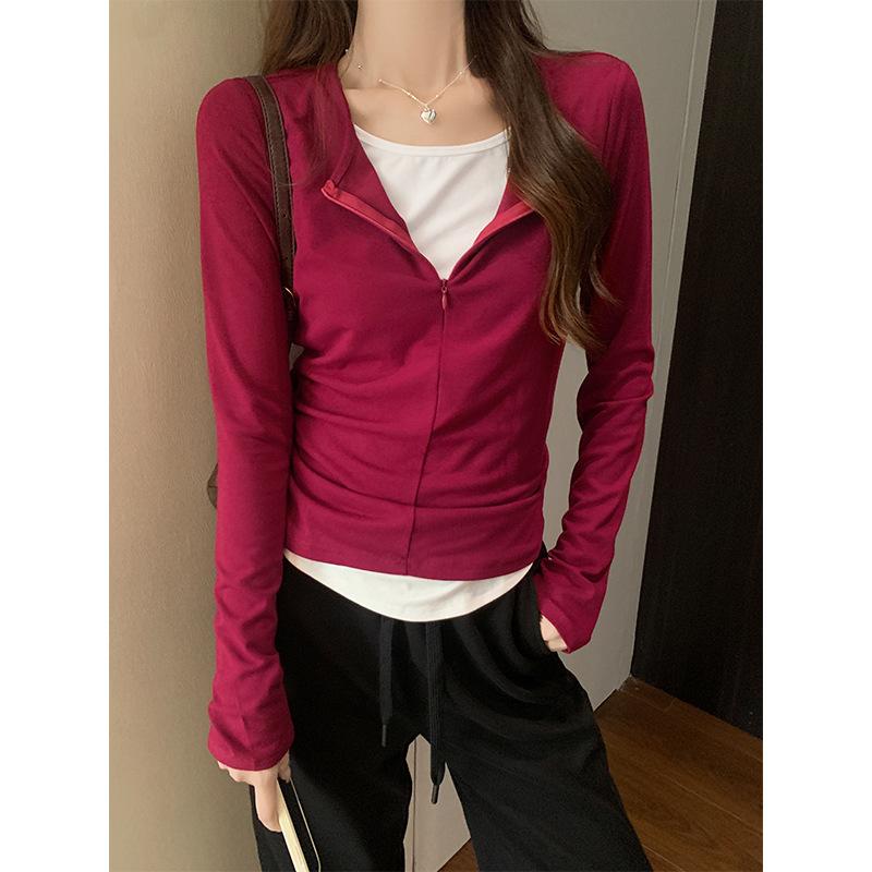 Черная контрастная поддельная футболка из двух частей с длинными рукавами для женщин на осень с полумолнией, уникальный нишевый топ