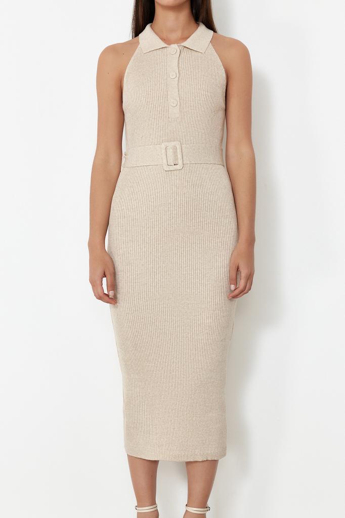 Women's Fashion New Dress Green Plain Belt Detailed