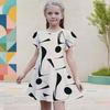 Girls Round Neck Flutter Sleeve Printed A Line Flared Dress White Navy Blue