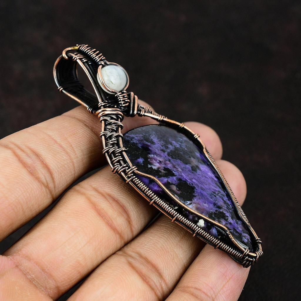 Подвеска из медной проволоки с чароитом, оригинальные ювелирные изделия из драгоценных камней, подвеска из проволочной обмотки ручной работы, ювелирное изделие из лунного камня, подарок для мамы, ювелирные изделия с чароитом