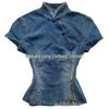 Винтажный китайский джинсовый топ-ципао: Короткий рукав, Воротник-стойка, Приталенный, Застежка-пуговица «лягушка», Повседневный уличный стиль для женщин.