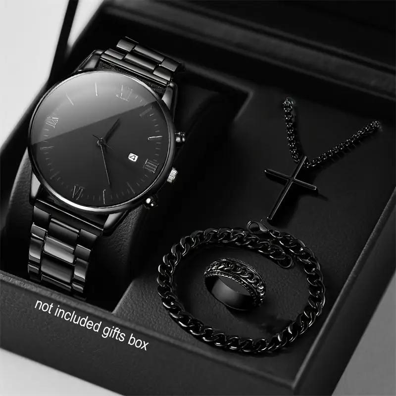 4pcs-Trendy Cross Hip Hop Jewelry Chain Ring Bracelet Necklace Three Piece Set+Casual Quartz Watch, Ring Bracelet Necklace Watch