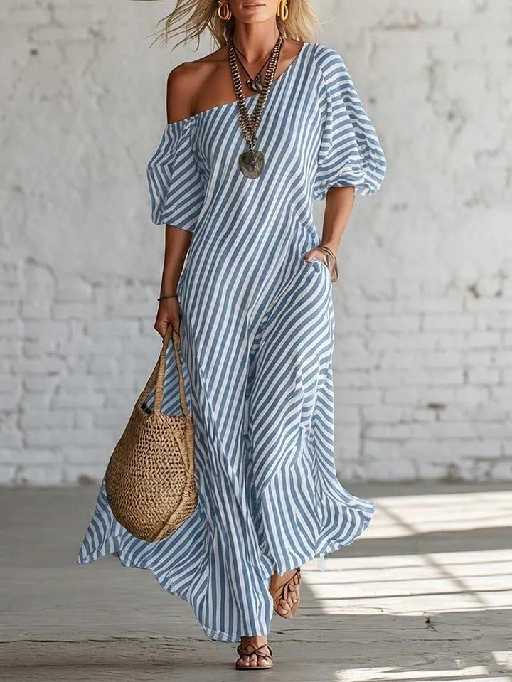 2026 European and American independent station women's fashion spring elegant striped off-the-shoulder dress blue