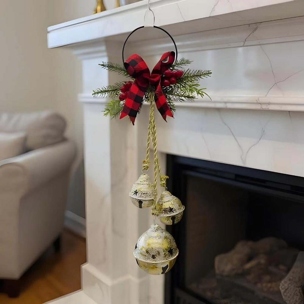 Three-Bell Christmas Tree Bell Decorations Shatterproof Rustic Style Wall Hanging Ornament with Bowknot Festive