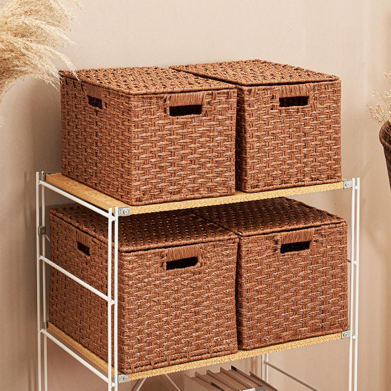 Household Storage Basket Imitation Rattan Woven Storage Box with Lid Clothes Sundries Rattan Basket Home Desktop Organizer Box