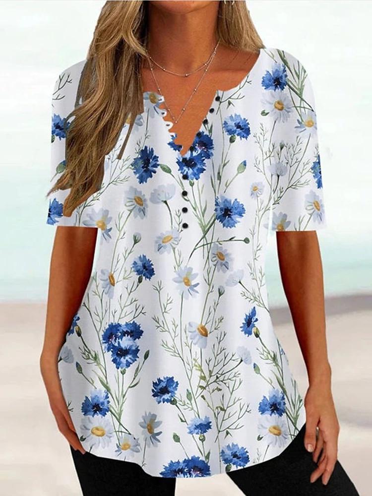 Женская летняя футболка с цветочным принтом и V-образным вырезом, с короткими рукавами, женский винтажный топ средней длины, свободный топ, женская одежда
