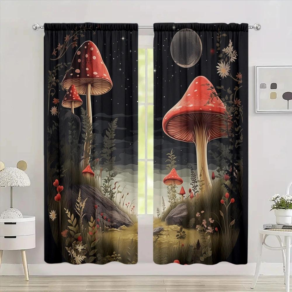 Mushroom Printed Curtain for Home Decor - Rod Pocket Window Treatment for Bedroom, Kitchen, Living Room