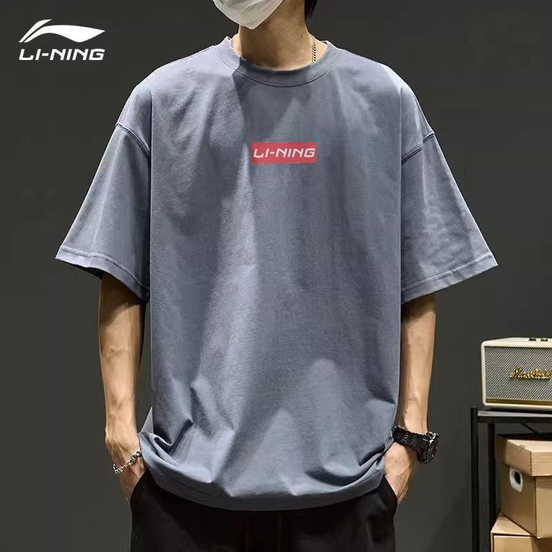 Li-Ning Футболка с круглым вырезом и надписью «Letter», удобная, дышащая, универсальная, свободная, с коротким рукавом, унисекс, топы, серая, AHST461-3