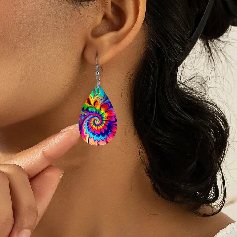 Colored Pattern Fashion Water Droplet Shaped Women Acrylic Earrings For Daily