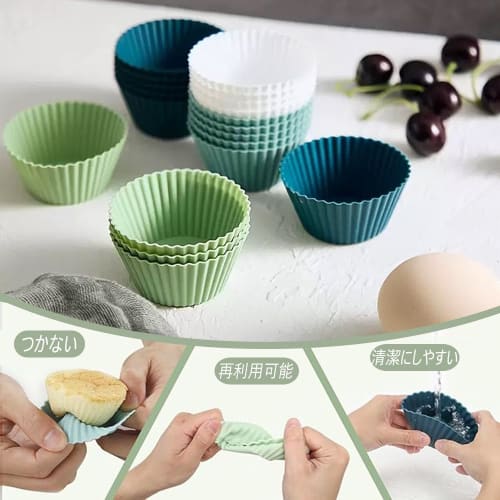 SensaBliss Silicone Cooking Baking Cups, Cupcake Cases, Baking Molds, Oven Safe, Heat Resistant, Durable, Reusable (White, Light Green, Light Blue, In