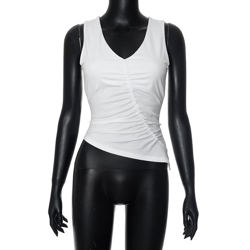 Summer women's solid color V-neck sleeveless pleated irregular sexy slim fit vest