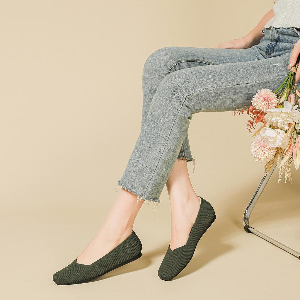 Квадратный носок, неглубокий вырез, ткань, плоская подошва, однотонный трикотаж, мягкая подошва, большой размер 34-43