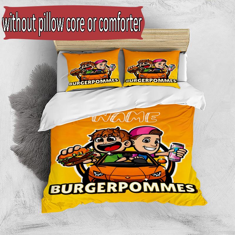 3pcs Duvet Cover Set (1*Duvet Cover + 2*Pillowcase, Without Core), Custom Name Burgerpommes Pattern Bedding Set, Home Bedroom Decor Gift