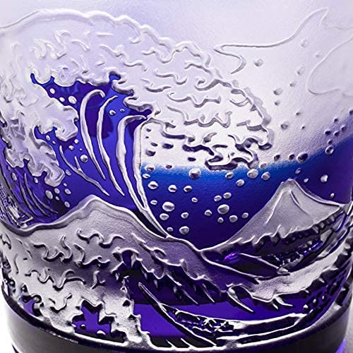 Kobo Edo Glass Red Fuji and Cherry Blossom Free Cup Pair Comes In a Presentation Box Made In Japan [Taimuro Official] Fuji/Nami (Red/Ruri)