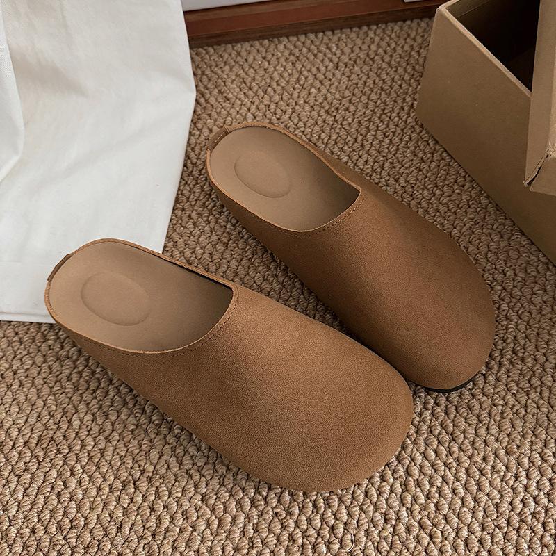 Модные новые женские тапочки с закрытым носком, замшевые сандалии, осенние новые ретро-туфли с плоской подошвой и ремешком на пятке