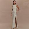 Backless Ruched Sexy Maxi Tank Dress Women Gown Summer New O Neck Thigh High Split Bodycon Elegant Long Dress Fashion