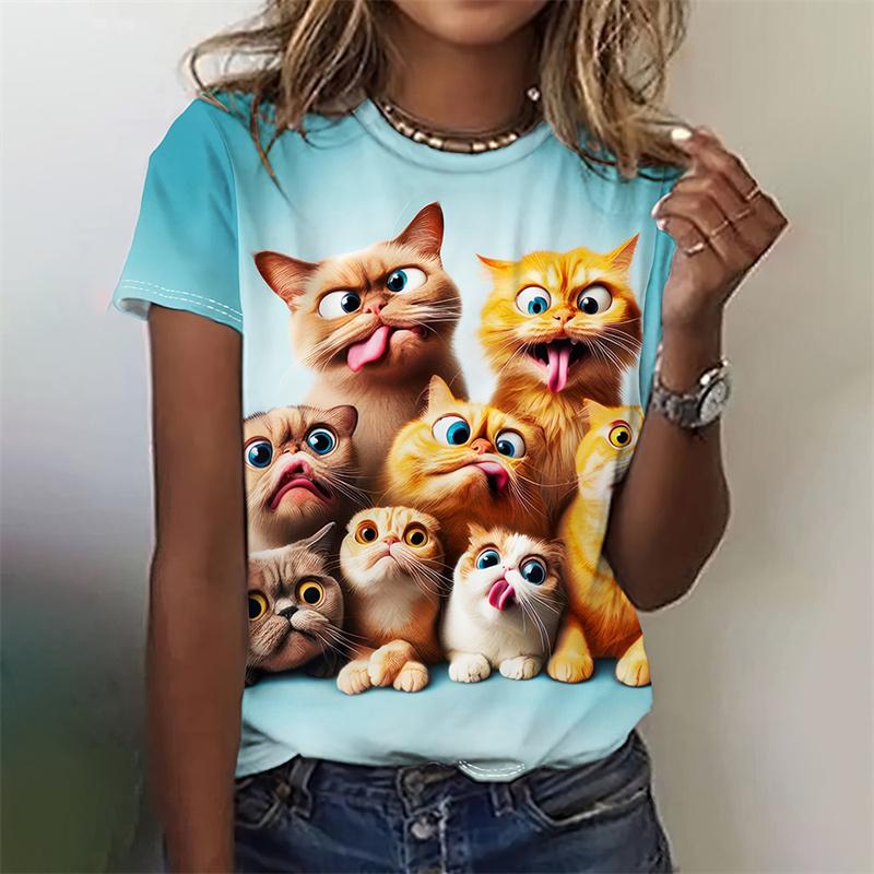 3D Printed Funny Cat T-Shirt For Women Cute Pet Animal Pattern Tees Summer Casual Short Sleeves Oversized T Shirts O-Neck Tops