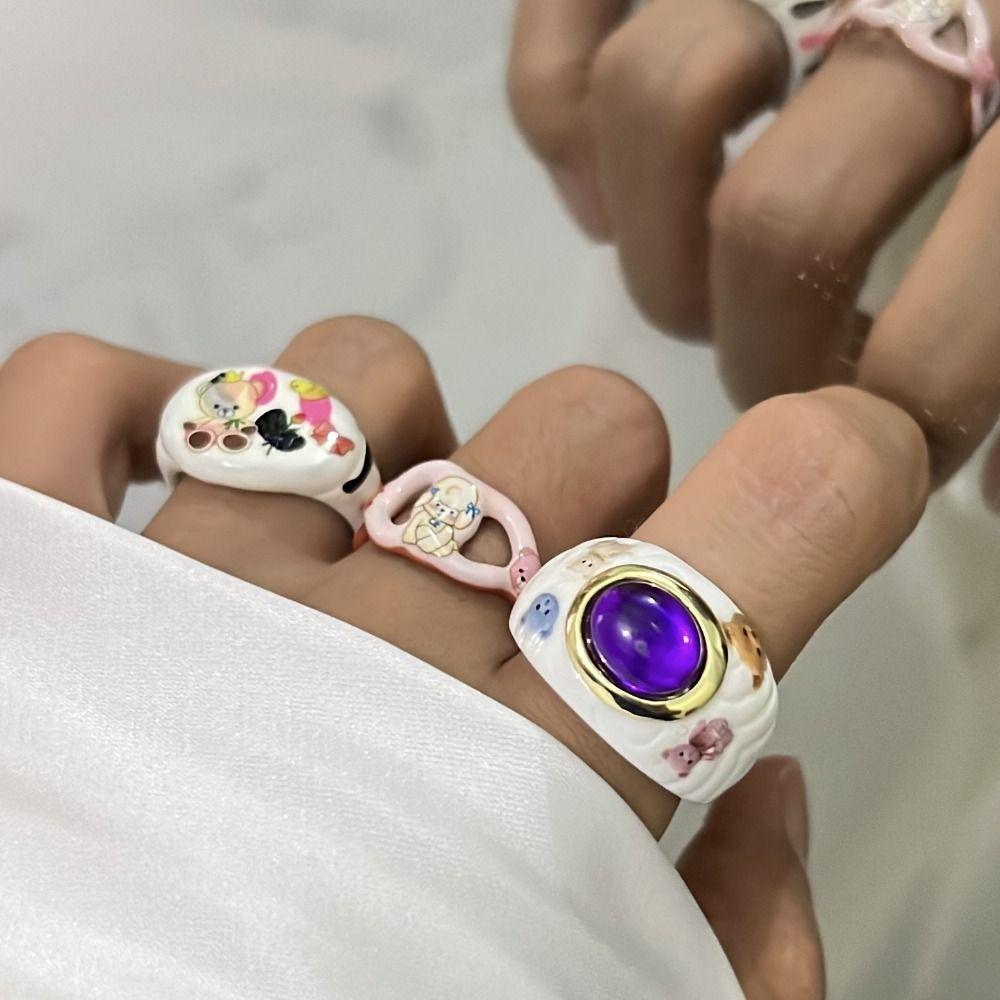 Open Ring Painting Ring Dripping Oil Irregular Enamel Ring Vintage Cartoon Bear Ring  Friend