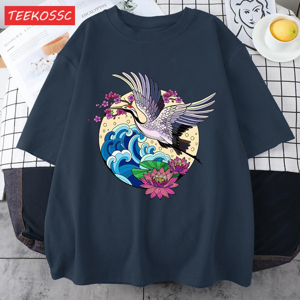 Cranes Enjoy Blooming Flowers Men T Shirts Vintage Fashion Soft Short Sleeve Summer Comfortable TShirt Unisex Cotton Loose Top