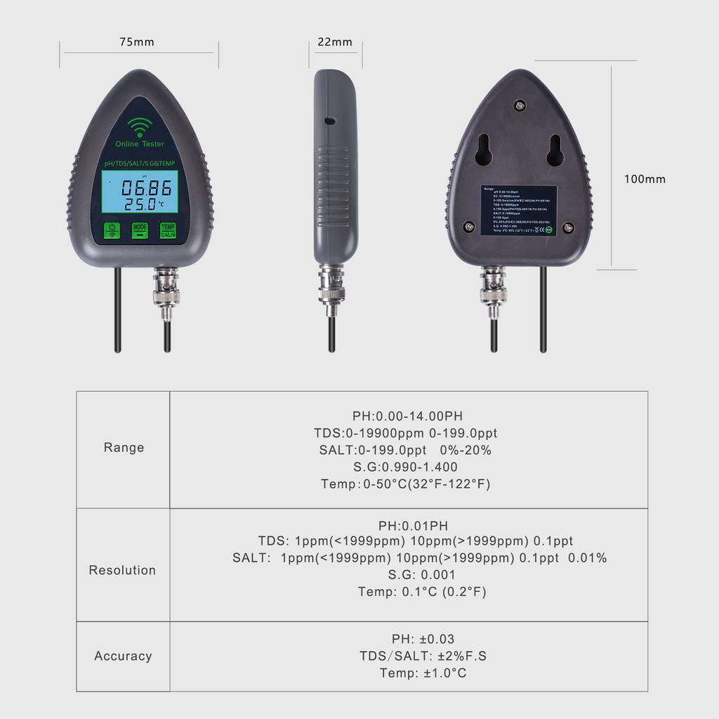 9951W Bluetooth Wi-Fi Цифровой тестер качества воды Мини 5 в 1 Анализатор воды PH TDS SALT SG