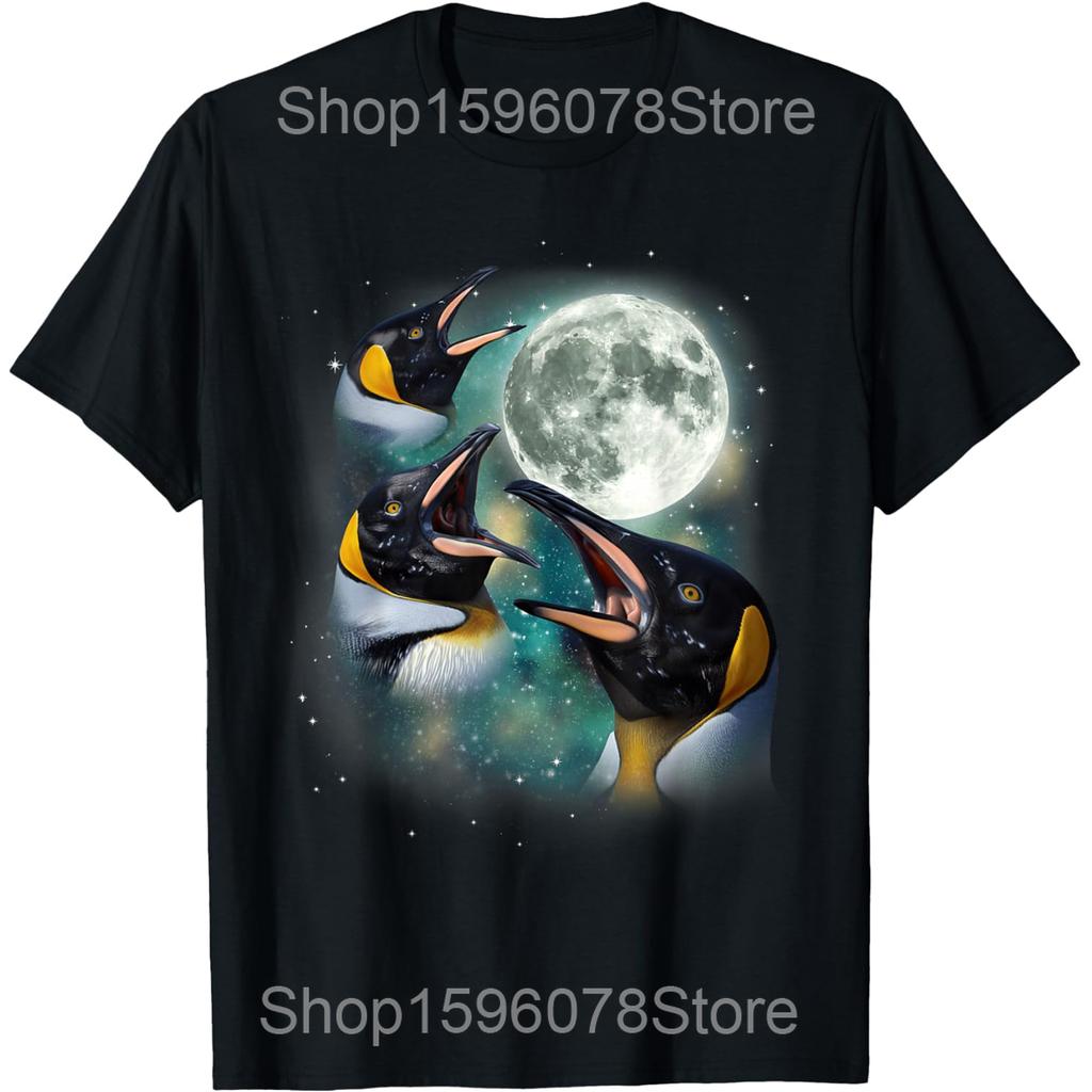 Three Penguin Moon Funny Birds Howling T Shirts Unisex Pure Cotton Humor Streetwear Tee Shirt Short Sleeve Unisex Loose Clothing