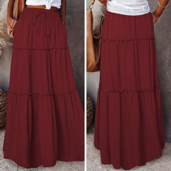Женские летние юбки в стиле бохо с высокой талией, эластичным поясом, плиссированные длинные юбки, однотонные юбки макси в стиле бохо, юбки-трапеции с оборками