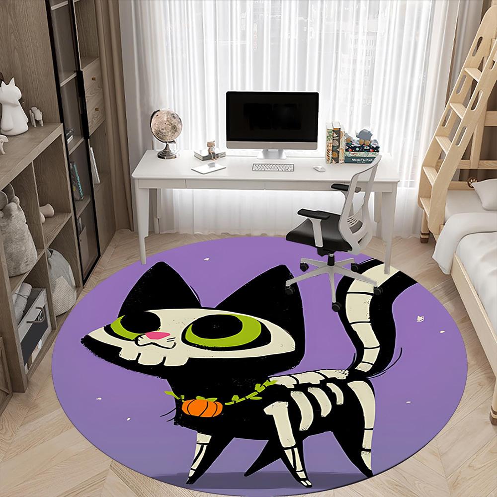 1pc Skelecat Halloween Office Round Area Rug, Under Office Chairs Bedroom Living Room Home Decor, Room Deco