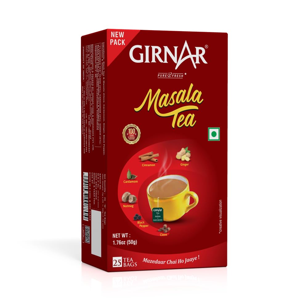 Girnar Kesari Masala Tea Ginger Flavored 25 Tea Bags High Caffeine Aromatic Indian Spices