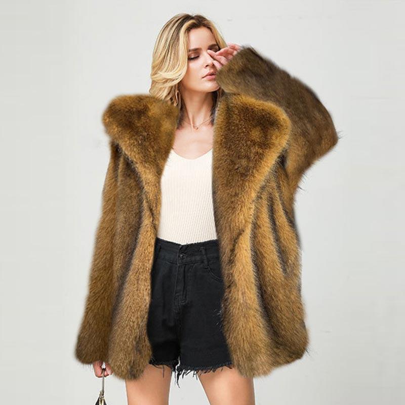 Women's Fall and Winter Popular Fashion Faux Fur Medium-length Suit Warm Coat