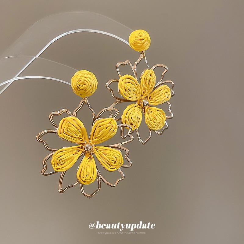 Серебряная игла супер-фея рафия цветок серьги сладкие инста-темперамент серьги модные универсальные серьги нишевые с высоким чувством