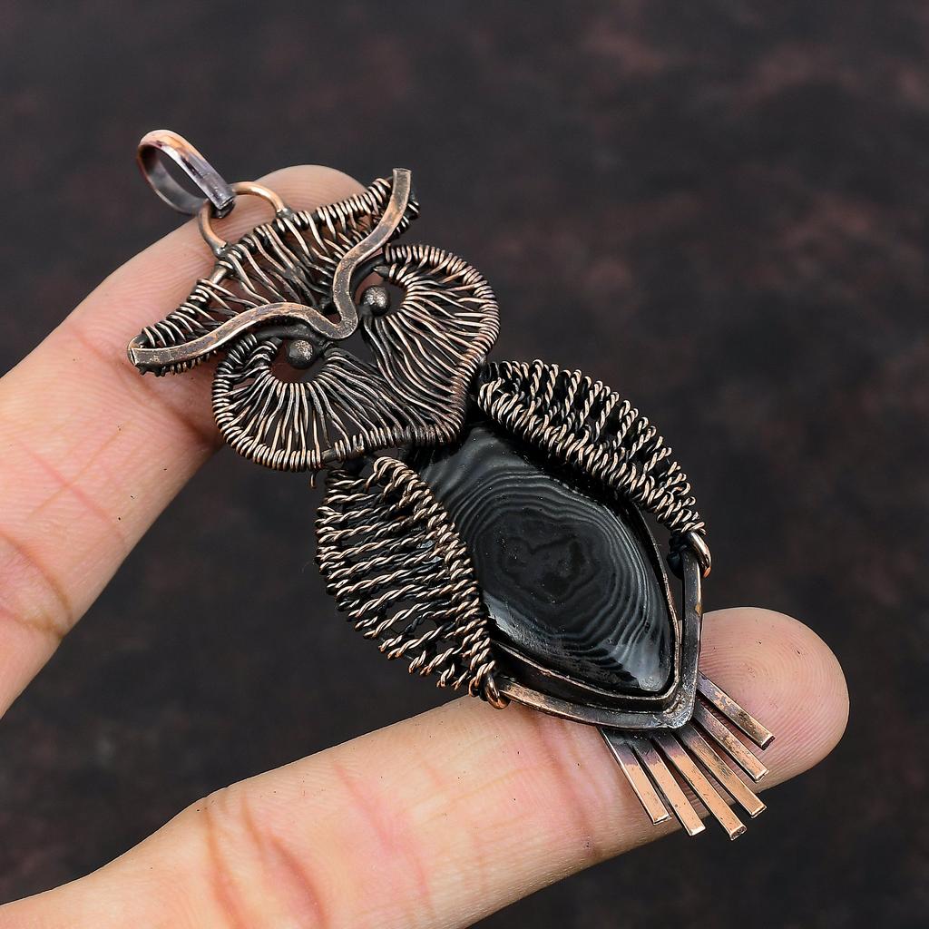 Подвеска Psilomelane, обернутая медной проволокой, подвеска из драгоценных камней Psilomelane, подвеска в виде совы для женщин, ручная работа, медная проволока, подарок для него