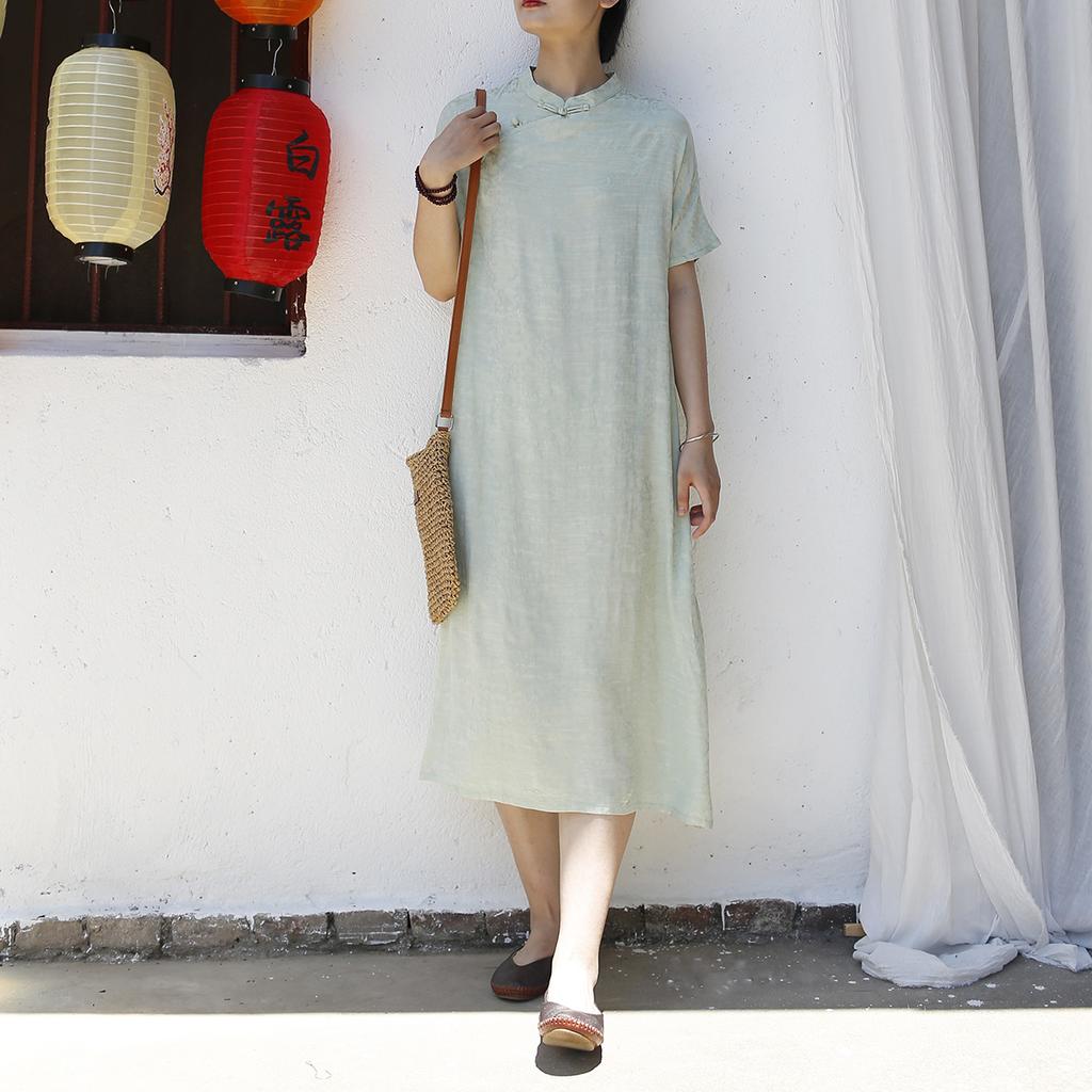Johnature Винтажное платье с коротким рукавом для женщин, однотонное летнее платье А-силуэта в китайском стиле