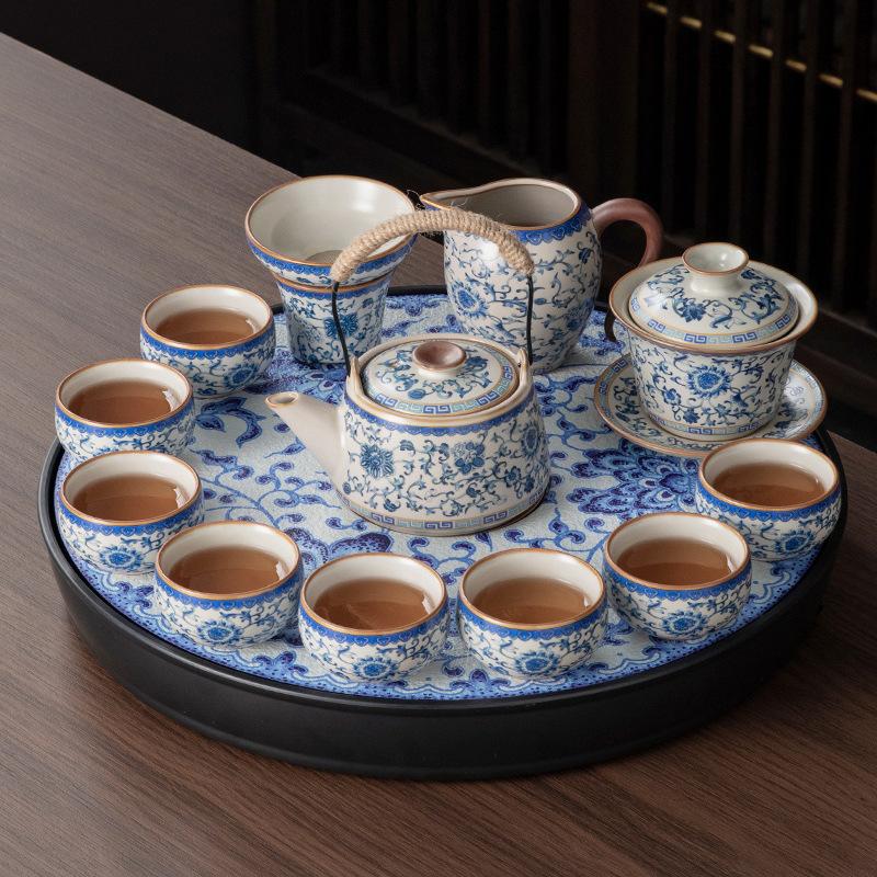 New Ru Kiln Ceramic Kung Fu Tea Set, a Complete Set of Tea Table, Home Office Guest Teapot, Tea Cup Drinking Set