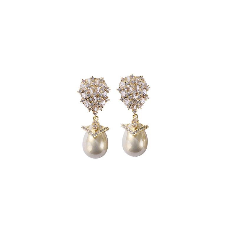 Yujie Hong Kong Style Real Gold Electroplated Copper Inlaid Zircon Earrings Women's High-end Imitation Bead Water Drop Pearl Stud Earrings