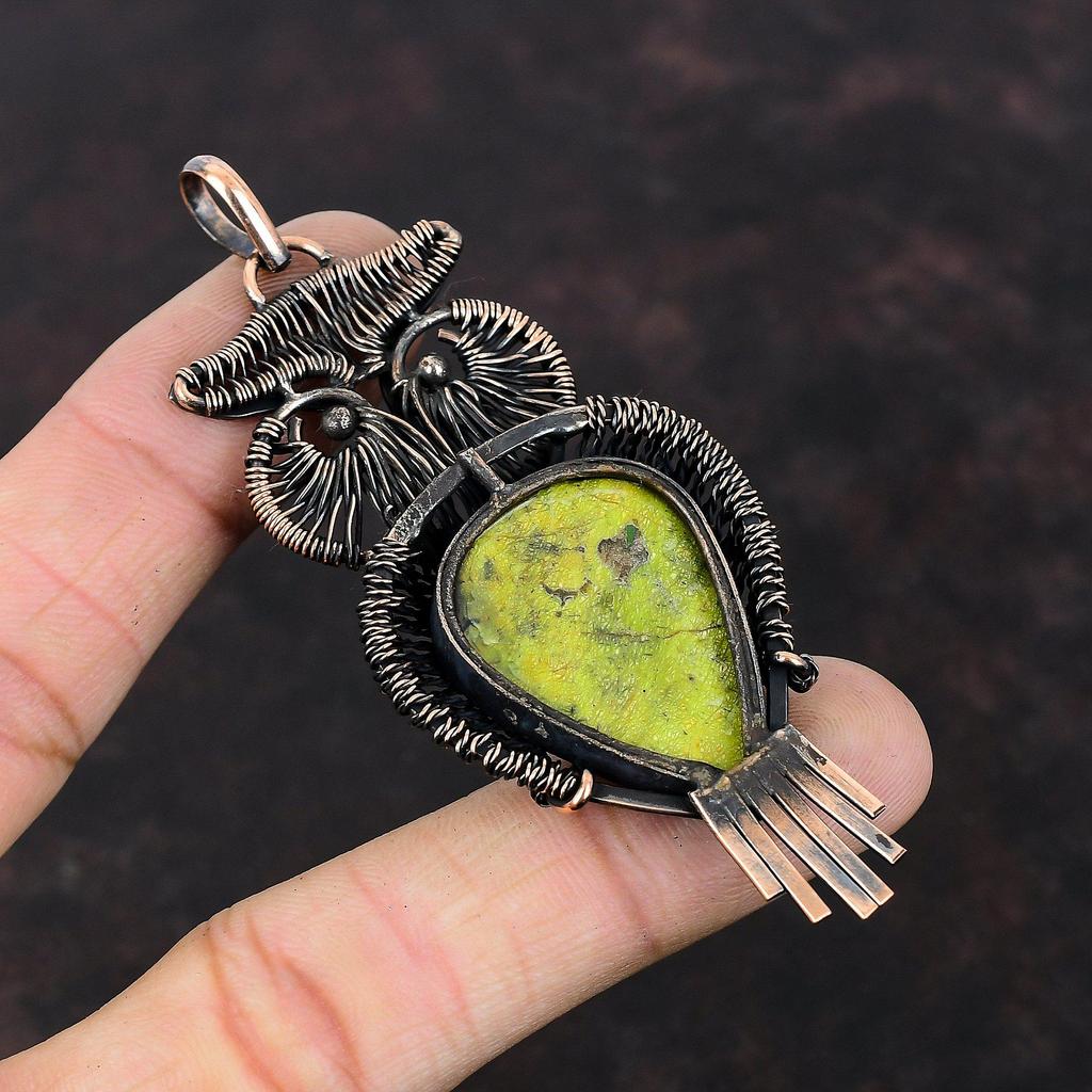 Подвеска из стихтита, медная проволочная обертка, сова, драгоценный камень, проволочная обертка, ювелирное изделие, подвеска ручной работы, подарок для женщин, антикварные медные украшения