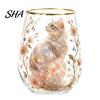 Retro Enamel Style Cup Hand Painted Glass Tumbler, Egg Shaped with Gold Rim, Clear Lead-Free Floral Bird Design Mug for Tea Coffee Wine Juice Cold Hot