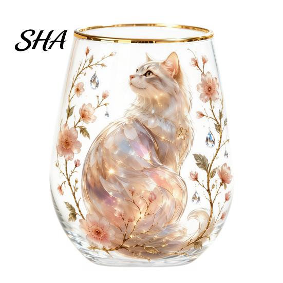 Retro Enamel Style Cup Hand Painted Glass Tumbler, Egg Shaped with Gold Rim, Clear Lead-Free Floral Bird Design Mug for Tea Coffee Wine Juice Cold Hot
