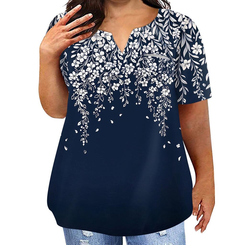 Женская футболка большого размера, повседневный топ с карманами и V-образным вырезом с короткими рукавами