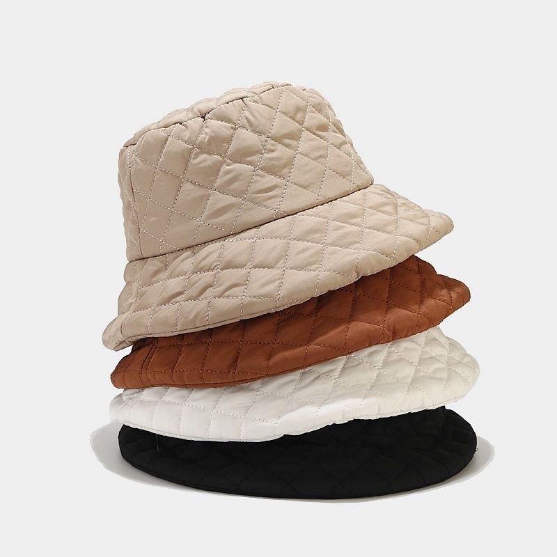 Autumn and winter bucket hat women's solid color down cotton warm and cold-proof fashion simple plaid light soft basin hat