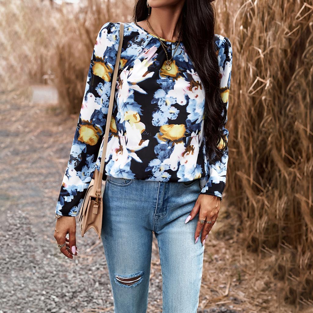 Осенне-зимняя рубашка с круглым вырезом и длинным рукавом с принтом для женщин, блузки