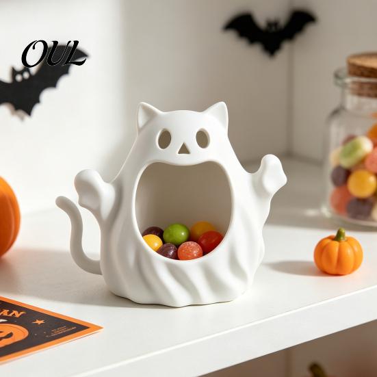Cute Spooky Home Decorations 3D Printed Halloween Ghost Cat Storage Holder, Decorative Kitten Statue with Holiday Seasonal Ornaments Hollow