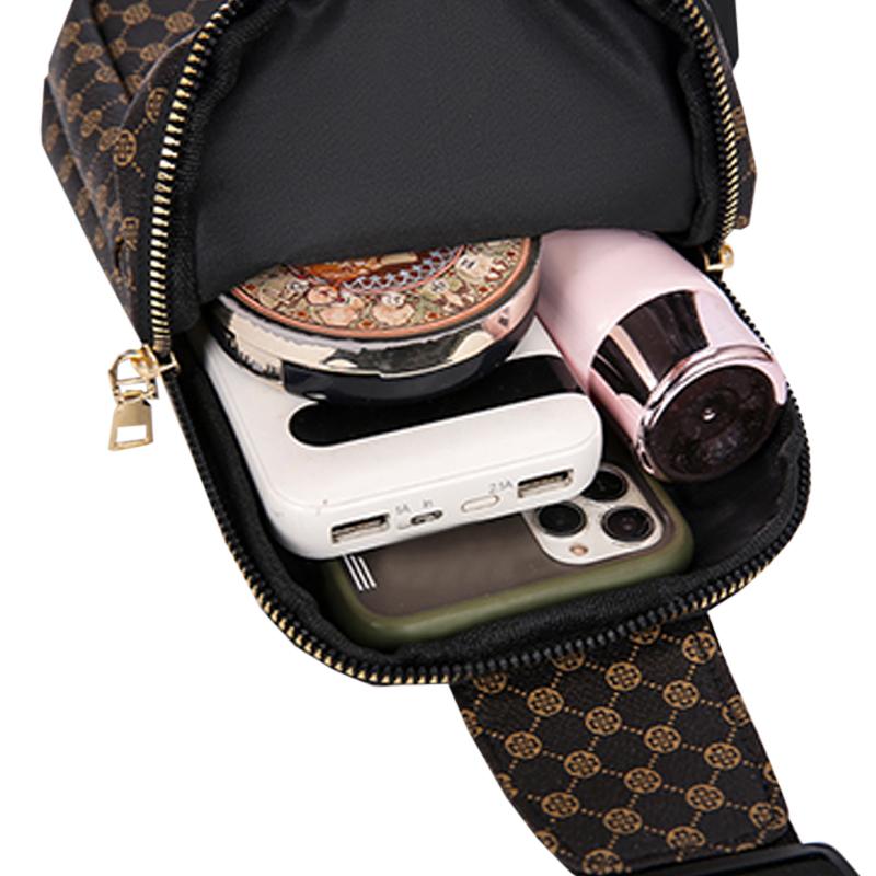 Brown Classic Plaid Pattern Chest Bag, Multi-zip Spacious Sling Purse Fits Phone, Makeup and Small Daily Essentials