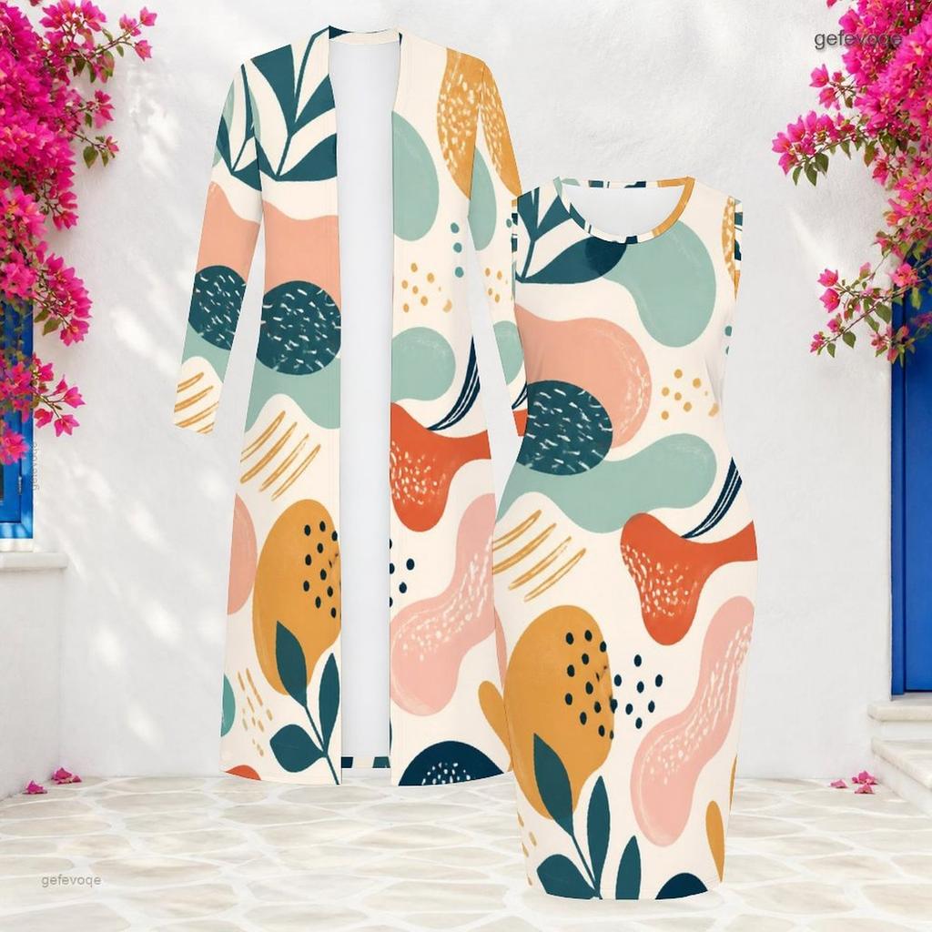 Women Plus Size Printed Two Piece Set Round Neck Sleeveless Bodycon Dress Long Sleeve Open Front Cardigan
