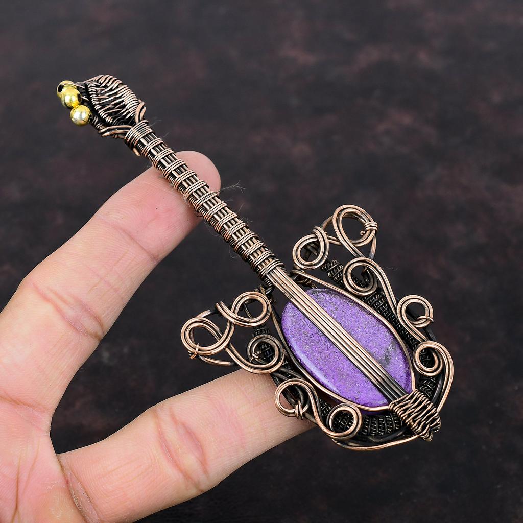 Пурпуритовый кулон, медная проволока, обернутая кулоном, гитара, кулон, проволока, ювелирные изделия, кулон из драгоценного камня ручной работы, медные ювелирные изделия, подарок для мамы