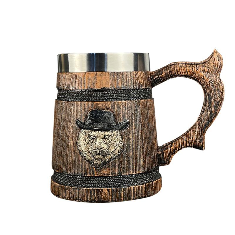 580ml Lion Tiger Wooden Barrel Drinking Cup 3D Stainless Steel Mug Resin Beer Stein Tankard Coffee Tea Cup Halloween Gift Bar