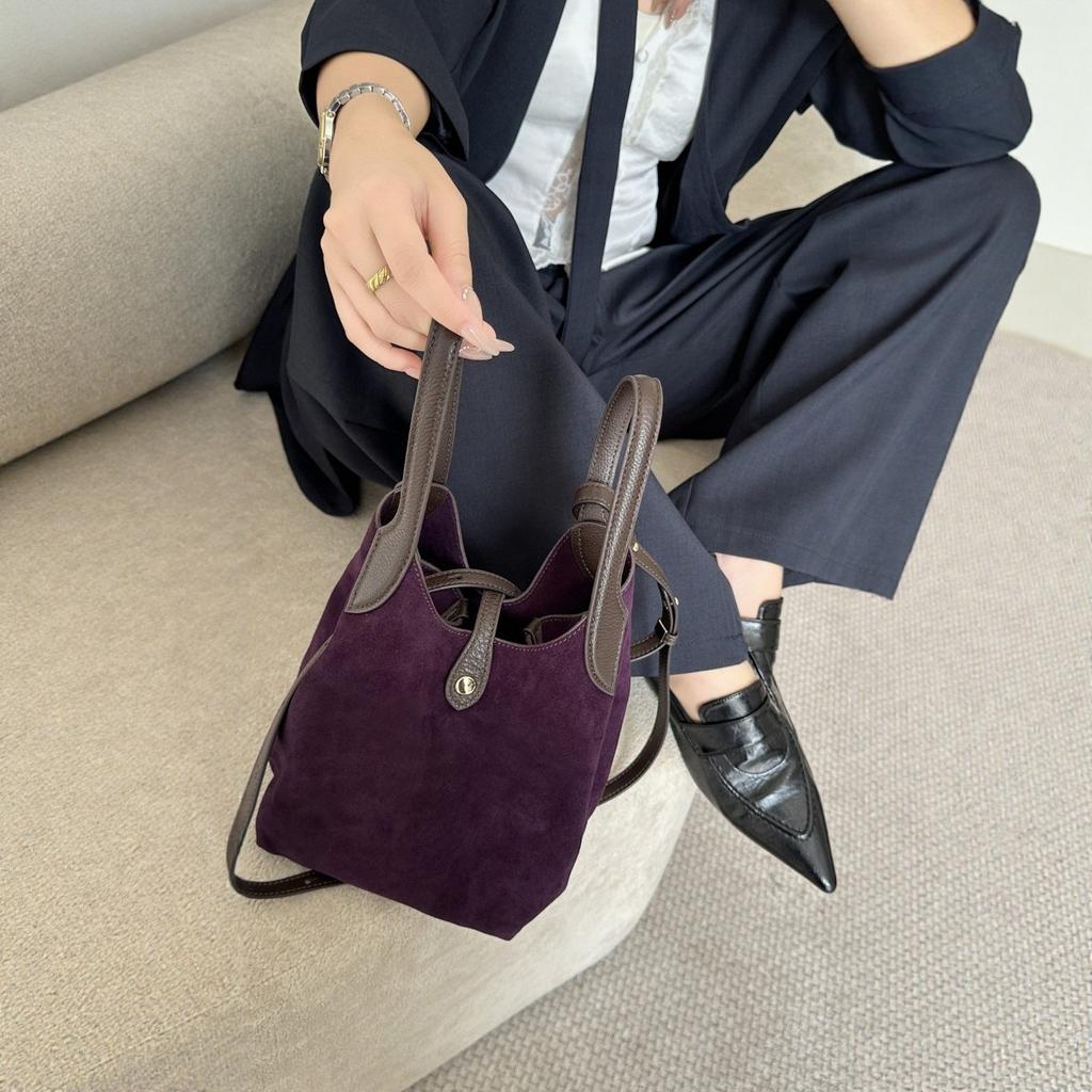 Premium matte cowhide handbag vegetable basket bucket bag autumn and winter tote handbag versatile shoulder messenger bag